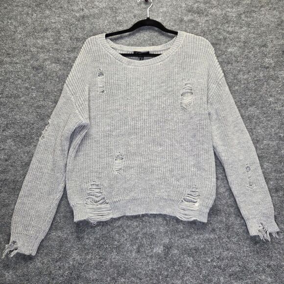 Forever 21 Sweater Womens Large Gray Distressed Pullover Ripped Knit Grunge - Picture 1 of 8